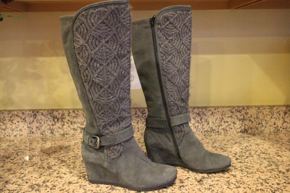Napoleoni Women's Grey Leather Wool Knit Shaft Boots Size 38 (bo1400